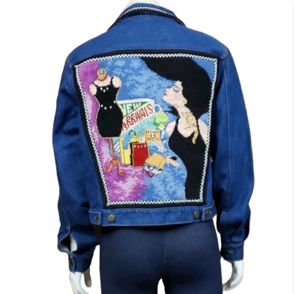 Kolorway Denim Jacket S Needlepoint Woman in Dress Fashion Scene Statement - Picture 1 of 10